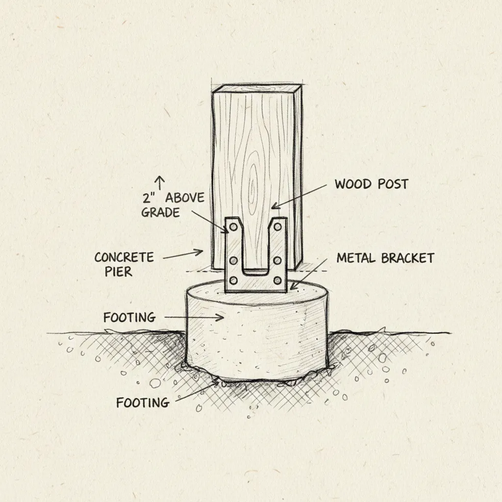 Footing detail illustration showing concrete pier, metal bracket, and wood post
