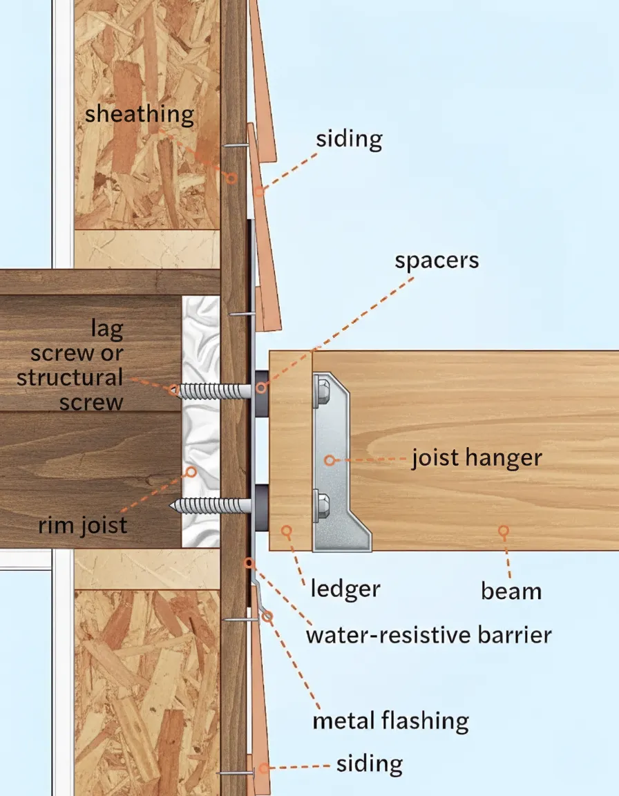 Cross-section diagram of ledger-attached deck showing flashing, lag screws, and joist hangers