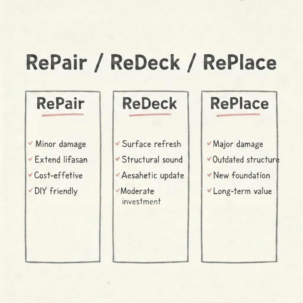 RE Decision Framework showing three paths: RePair, ReDeck, RePlace