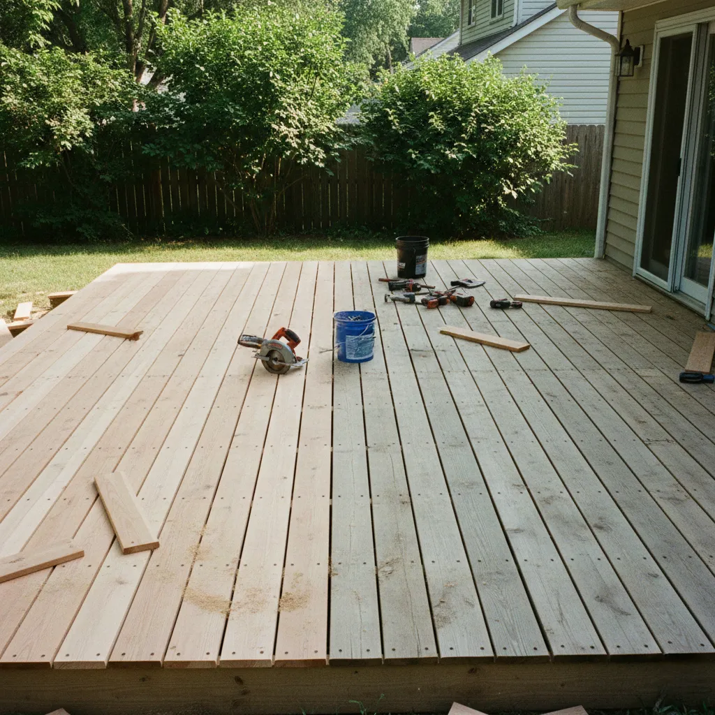 Fresh deck boards being installed on solid framing