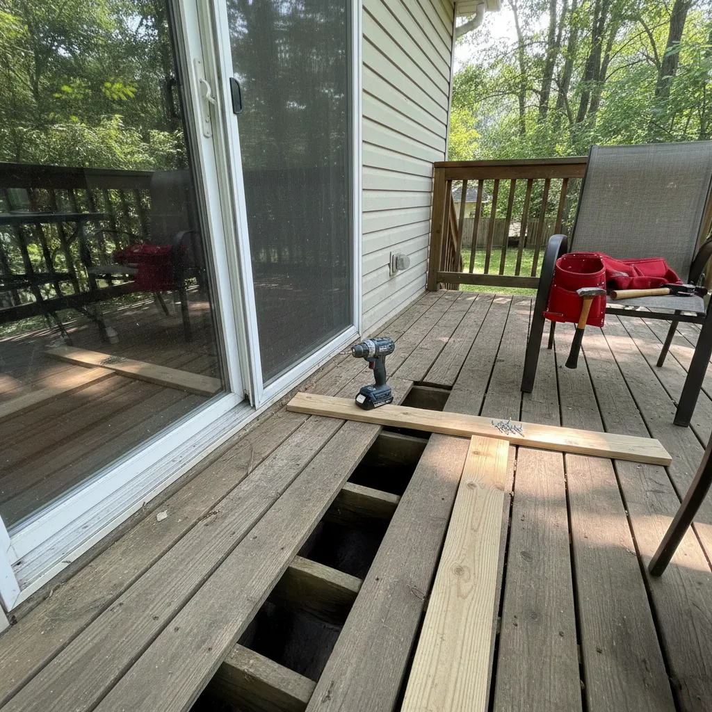 Deck with boards removed for targeted repair