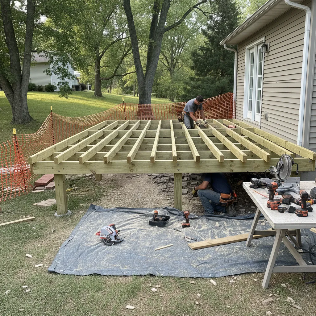 Crew building new deck frame from scratch