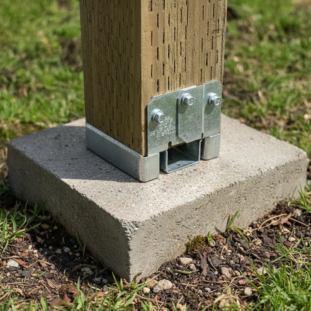 Simpson Strong-Tie bracket lifting wood post off concrete footing