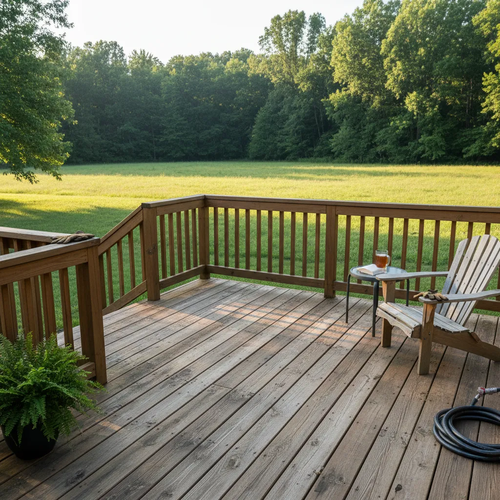 Worn deck with faded boards and tired railings