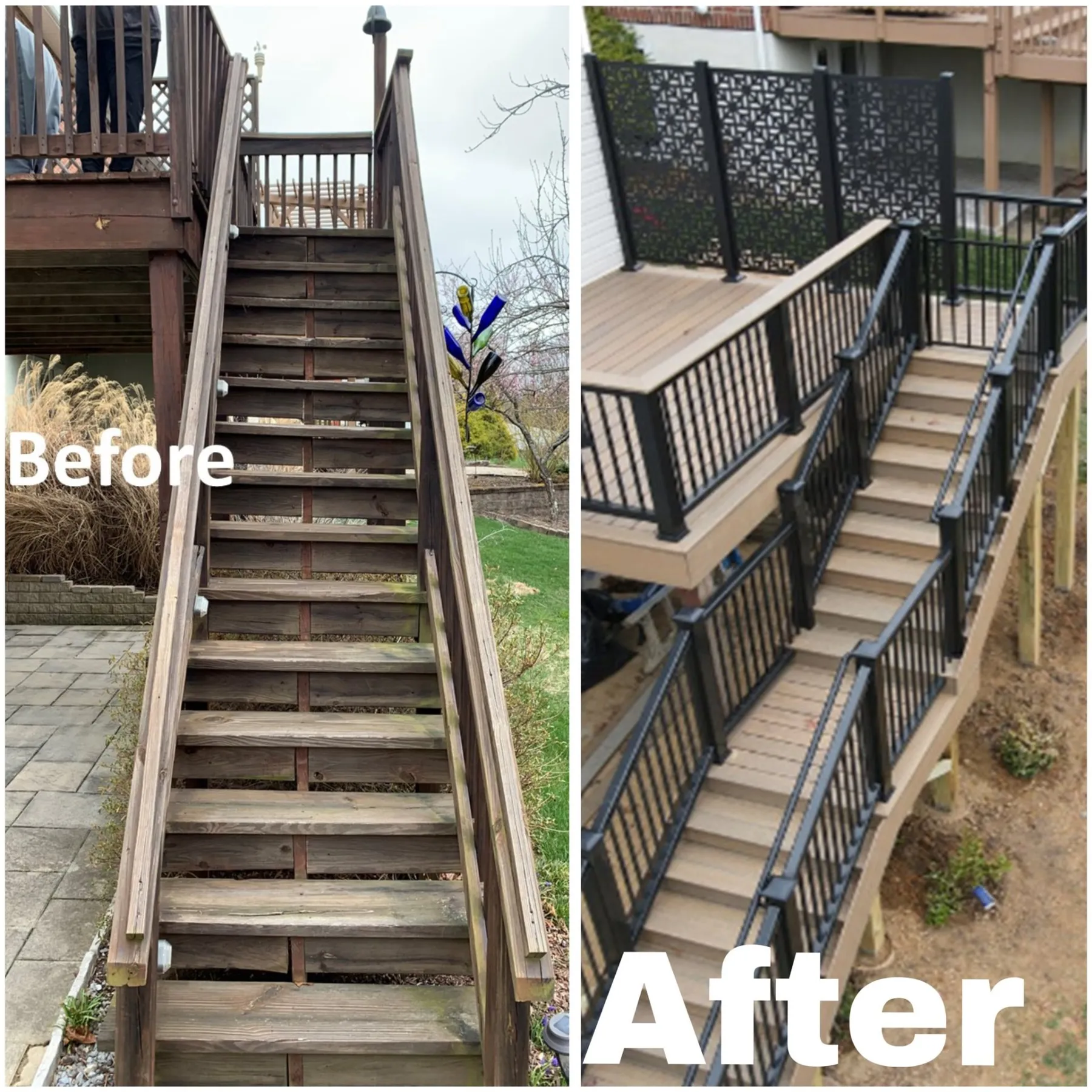 Before and after: worn wood stairs transformed with composite and black aluminum railings