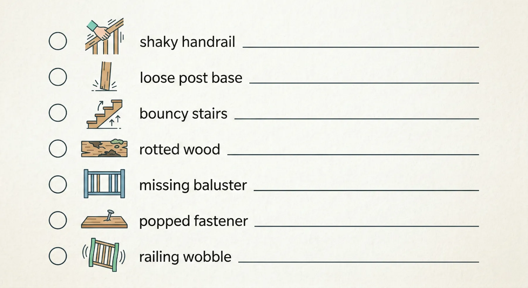 Illustrated railing safety checklist showing common issues
