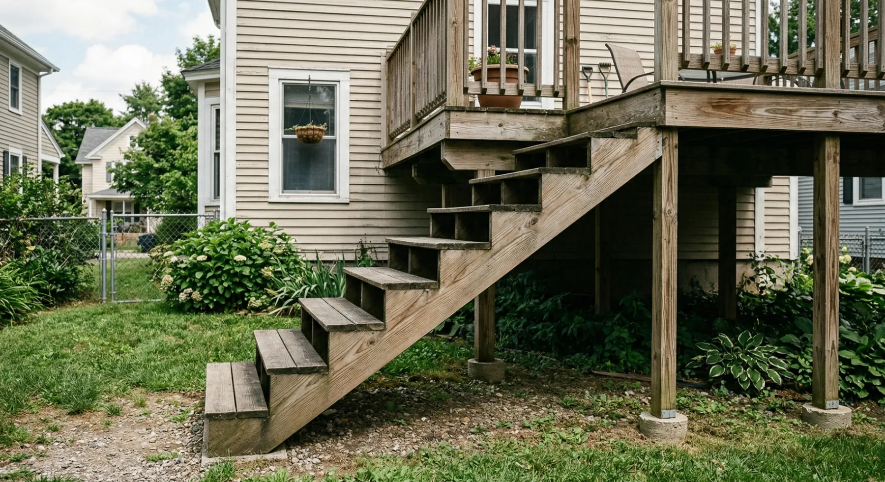 Worn deck stairs with aging stringers