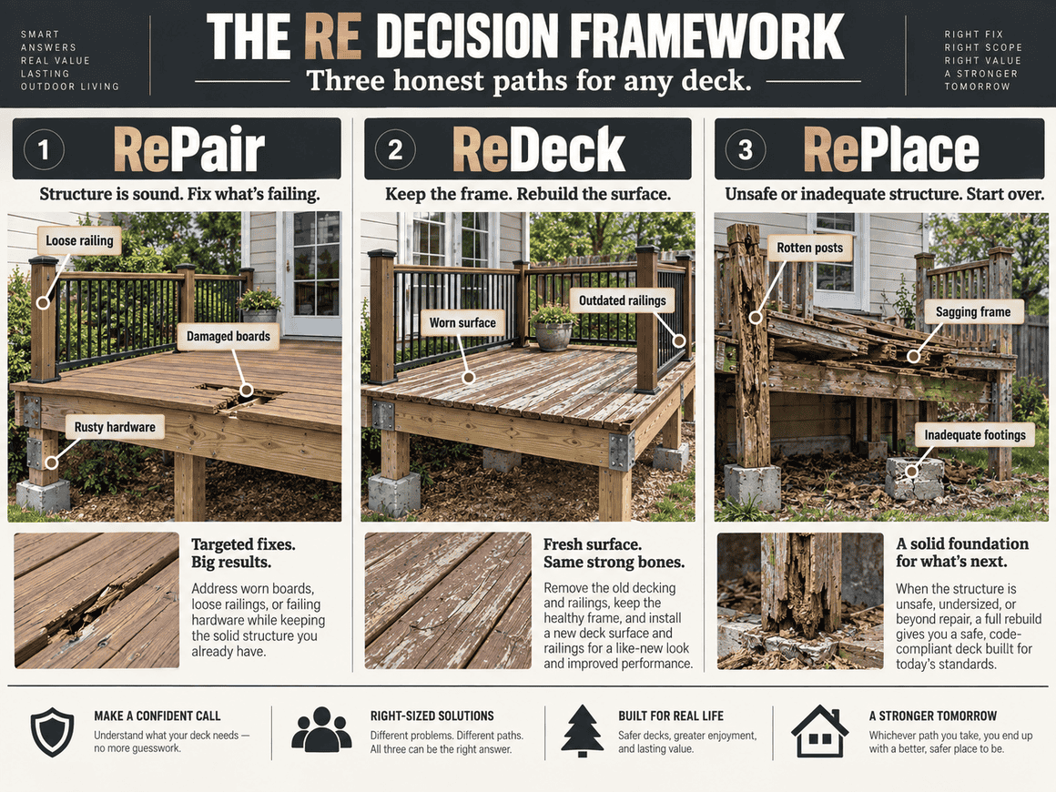 The RePair, ReDeck and RePlace decision framework showing three paths for a deck based on structural condition