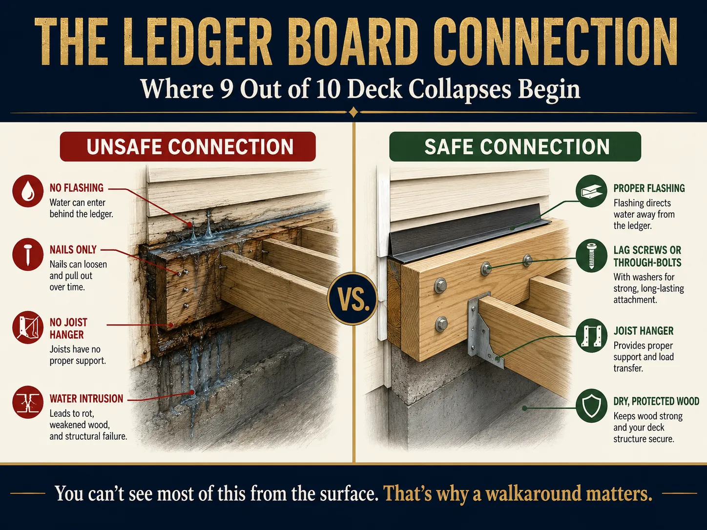 Unsafe vs safe ledger board connection comparison diagram