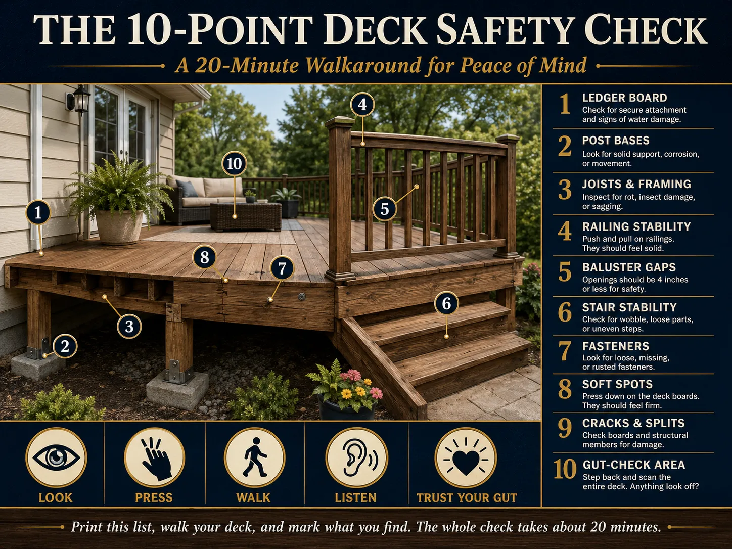 Annotated 10-point deck safety inspection diagram showing key check points