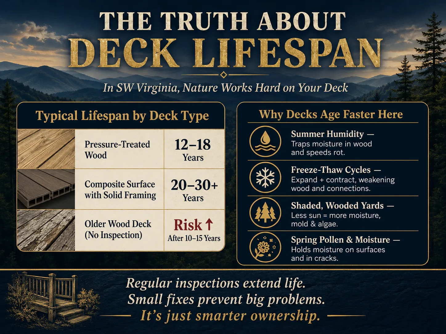 Typical deck lifespan and aging factors in SW Virginia
