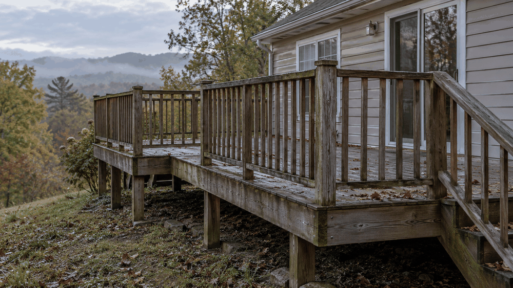 Weathered wood deck beside a Southwest Virginia home on a cool early-fall morning before the first freeze