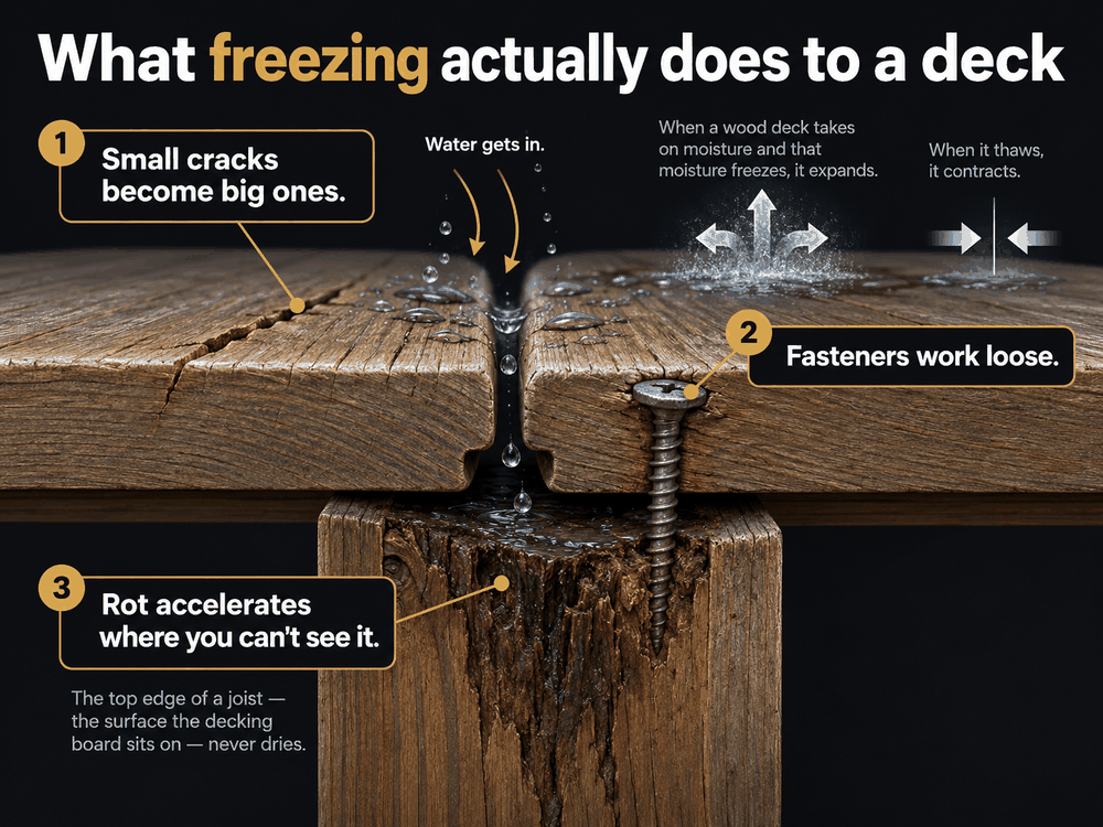 Cutaway diagram of a wood deck board, screw and joist showing where moisture widens cracks, loosens fasteners and causes hidden joist decay