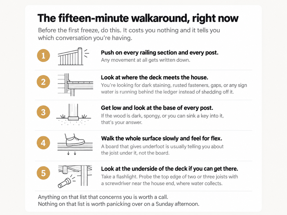 Five-step deck inspection checklist covering railings, the house connection, post bases, deck-board flex and the underside of the framing