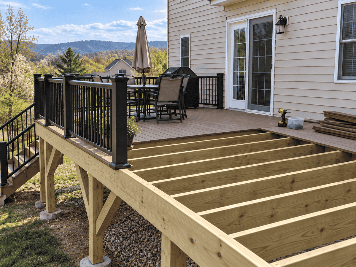 Deck resurfacing in progress with new surface boards installed over an existing pressure-treated frame