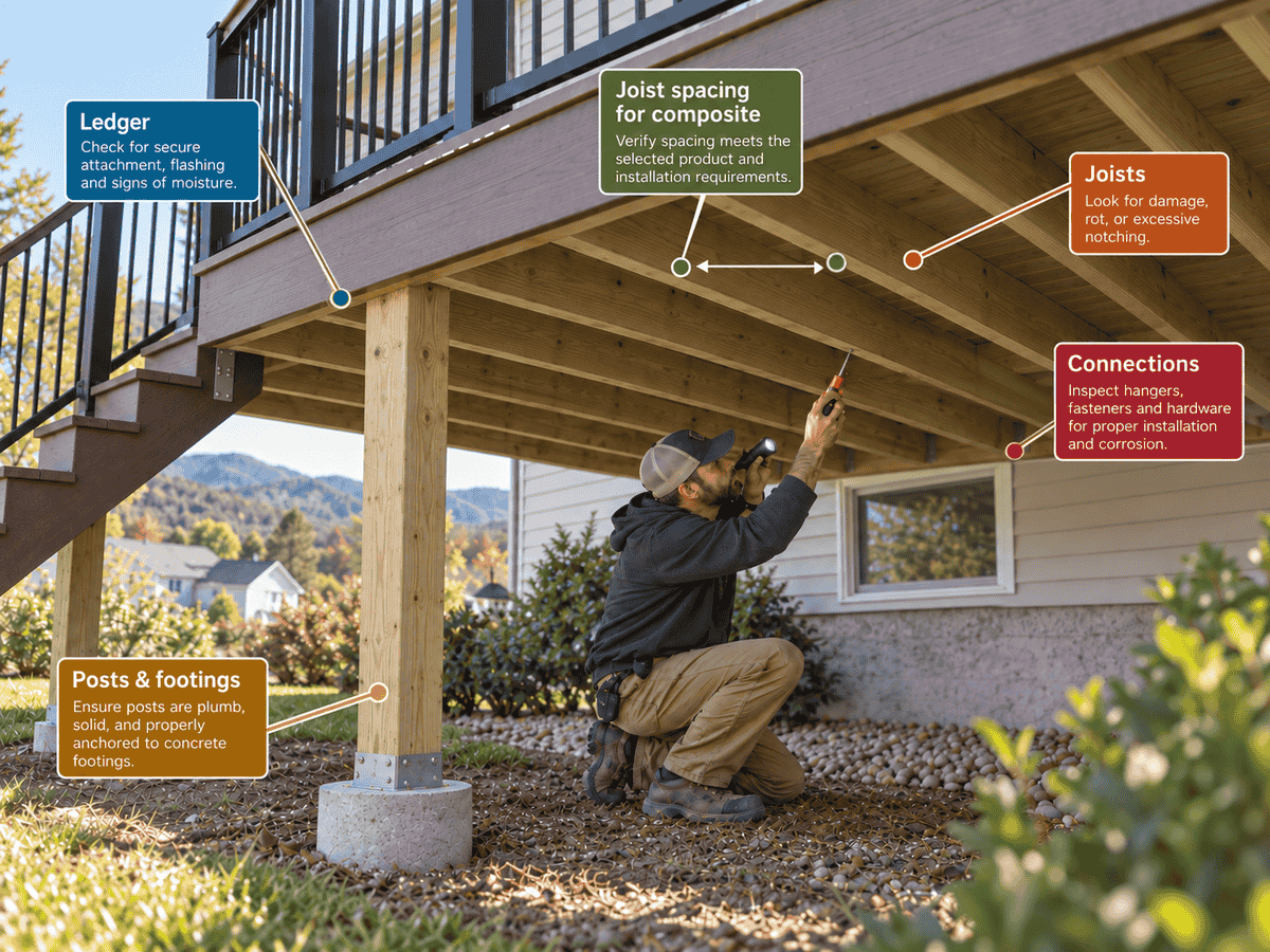 Five-point deck frame inspection showing ledger, posts and footings, joists, connections, and joist spacing