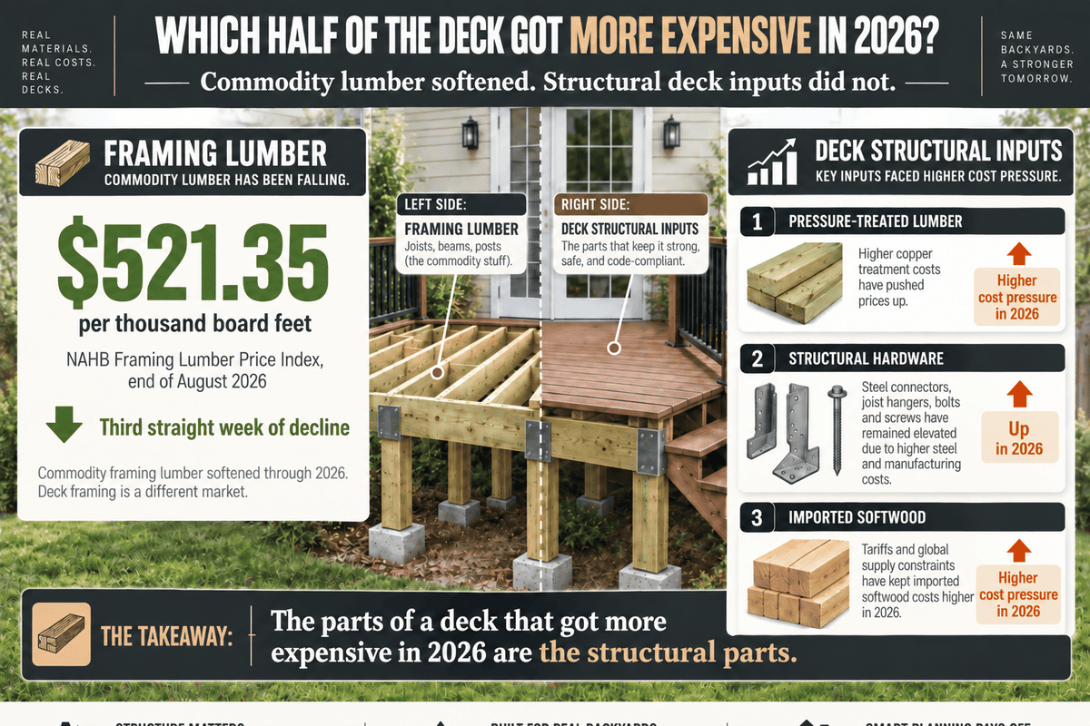 Comparison showing commodity framing lumber prices falling while pressure-treated lumber, structural hardware and imported softwood costs rose in 2026
