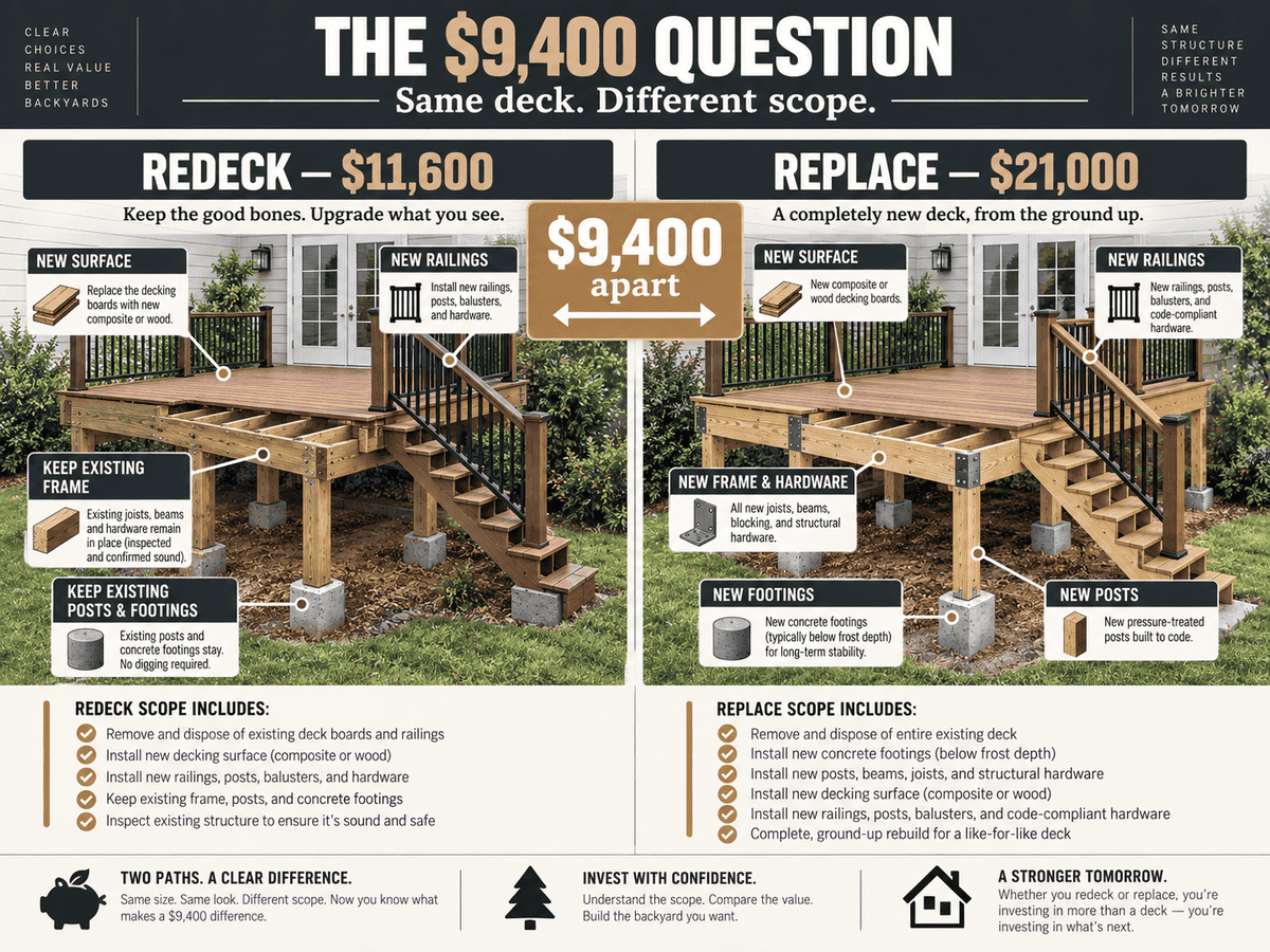 Side-by-side scope comparison of an $11,600 deck resurfacing and a $21,000 full deck replacement